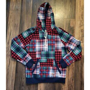 Womens Lands End Serious Sweats Multicolor Patchwork Hooded Sweatshirt Pocket Sm